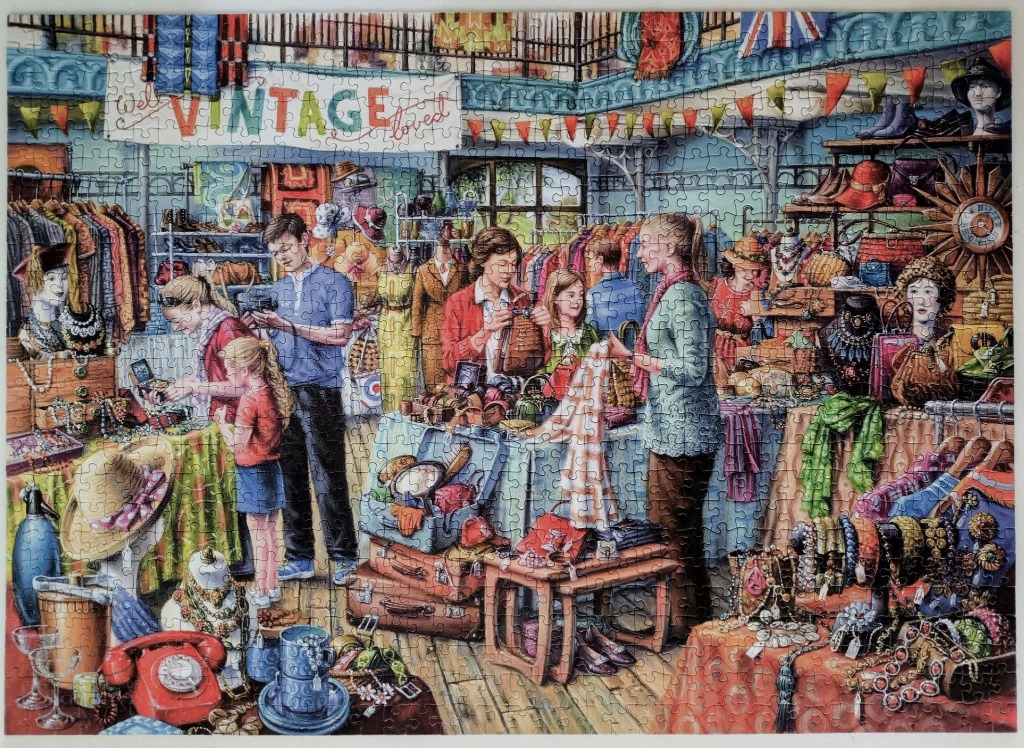 An illustration of a busy vintage shop filled with customers, clothing, and antique accessories.