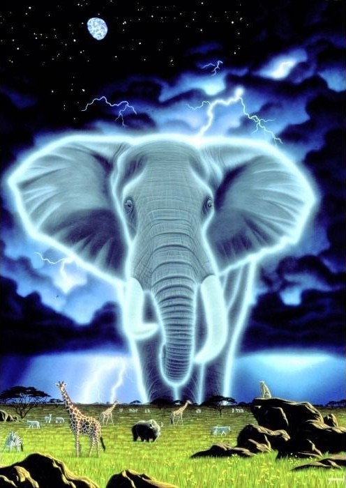 A colossal, glowing elephant spirit looming over an African savanna under a stormy night sky.