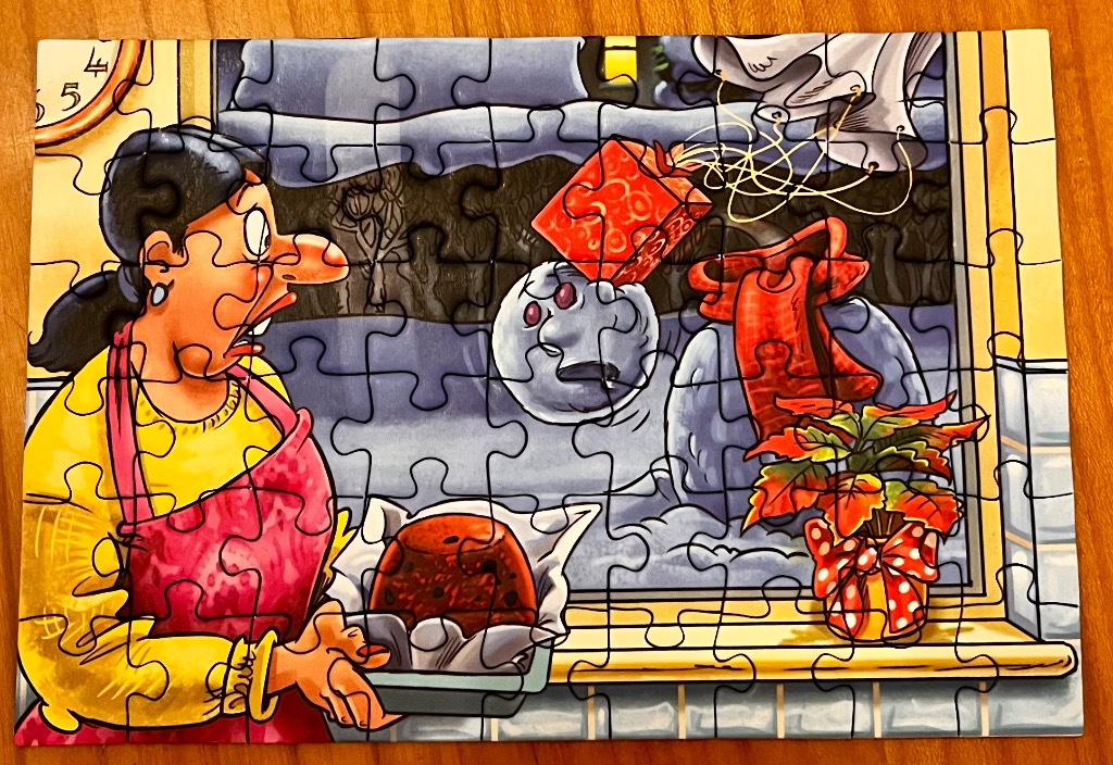 Cartoon image of a woman, a turkey, and Christmas decorations in a snowy scene.