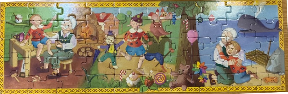 A panoramic illustration depicting scenes from the story of Pinocchio with various characters and settings.