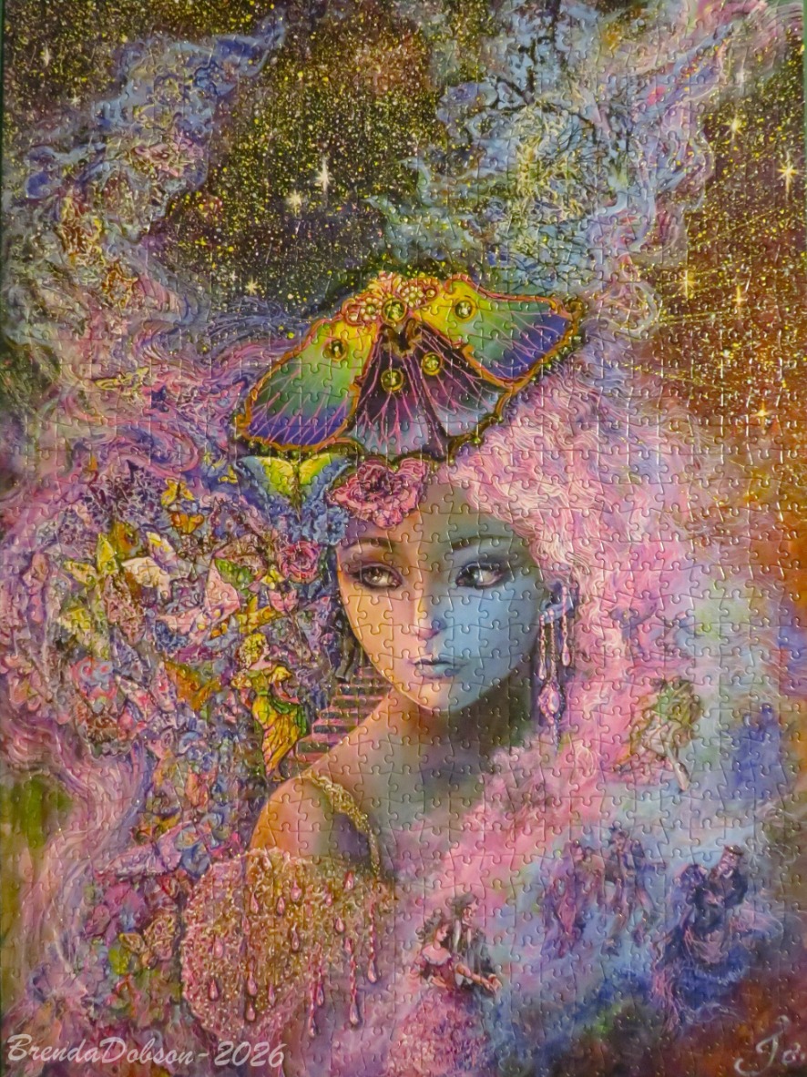 Surreal illustration of a woman with pink hair and a moth headdress against a swirling, starry cosmic background.