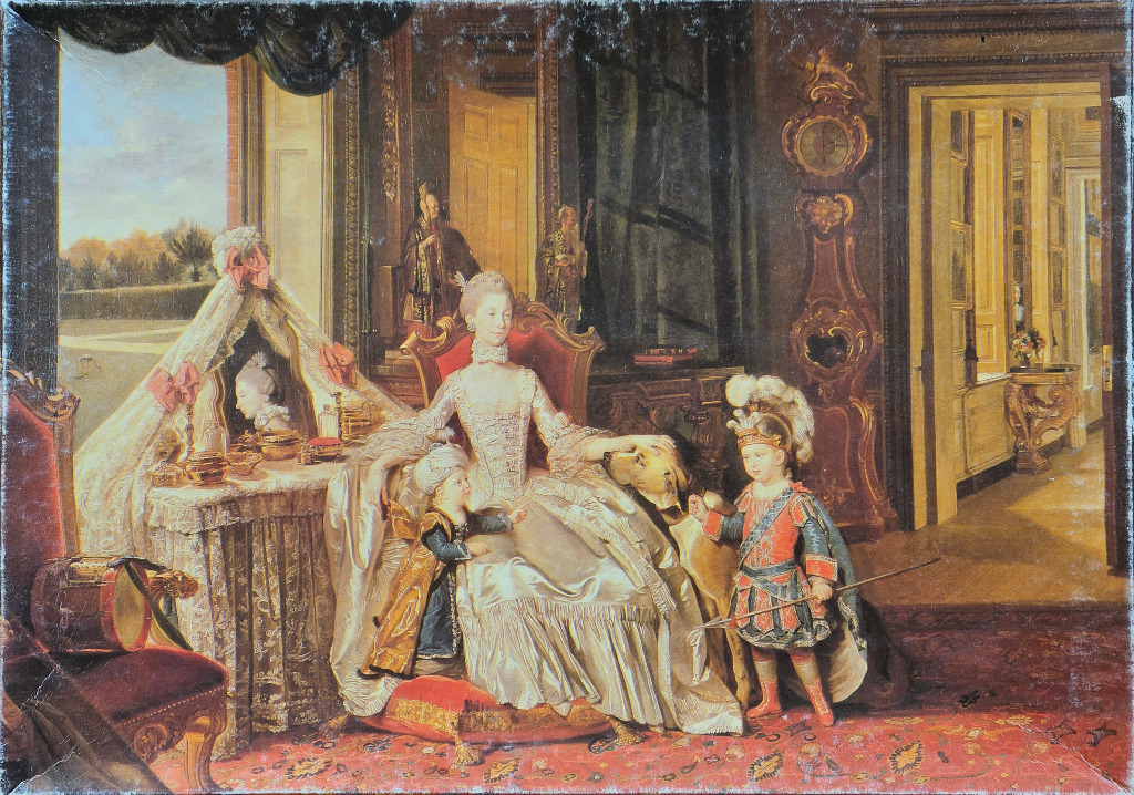 18th-century style oil painting of a noblewoman and two young children in an ornate, opulent interior.