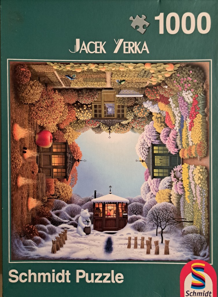 Surreal illustration of a garden scene rotating through the four seasons in a continuous, box-like perspective.