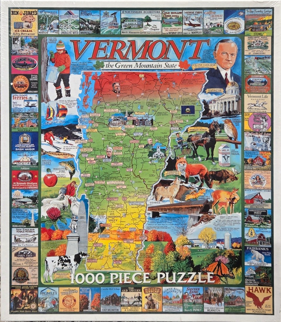 A pictorial map of Vermont surrounded by a decorative border of regional businesses and landmarks.