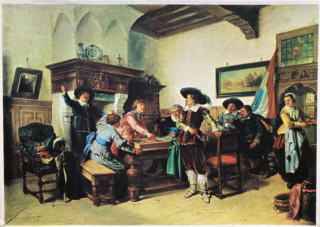 An oil painting of 17th-century figures gathering around a table in a dimly lit, rustic tavern interior.