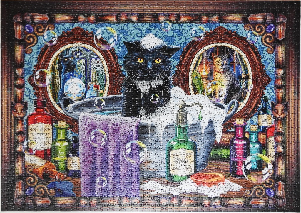 A black cat with a soap-covered head sits in a washbasin surrounded by vintage potion bottles and ornate mirrors.