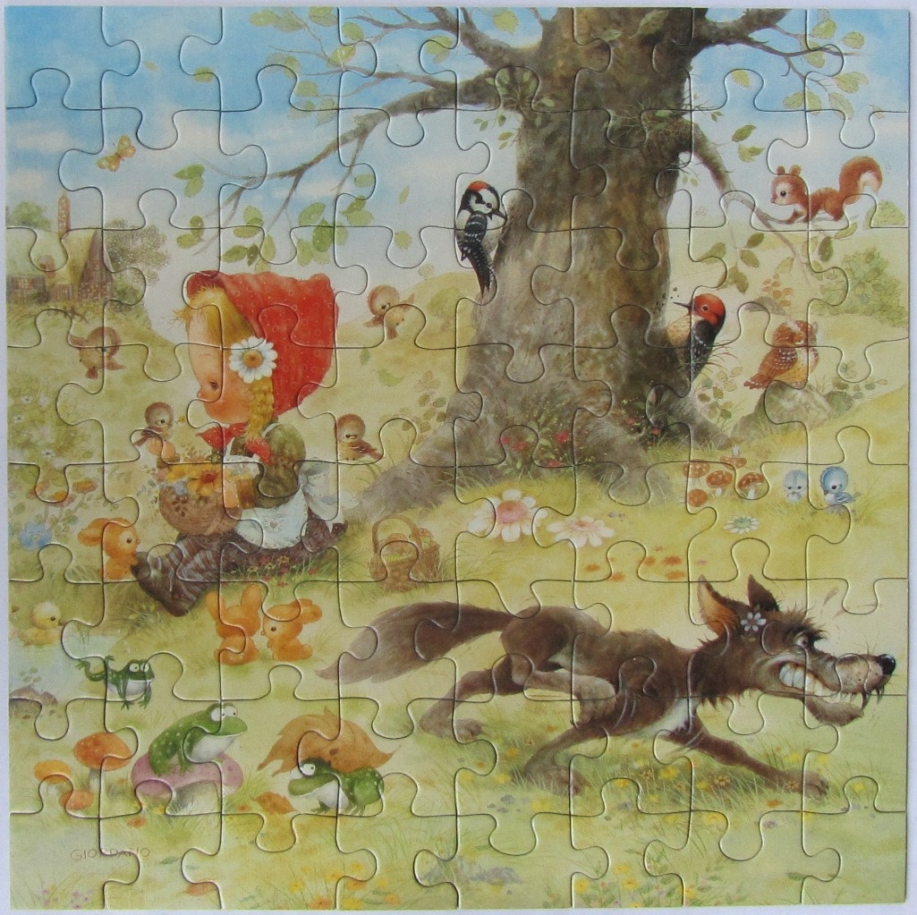 Illustration of Little Red Riding Hood in a forest setting with a wolf and various woodland creatures.