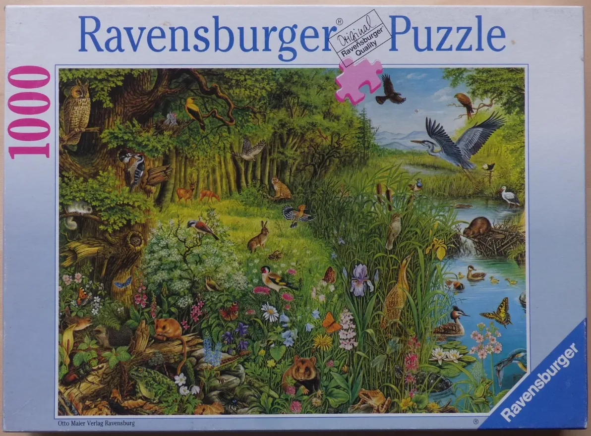 A lush woodland and river landscape teeming with diverse European wildlife and birds in an illustrative style.