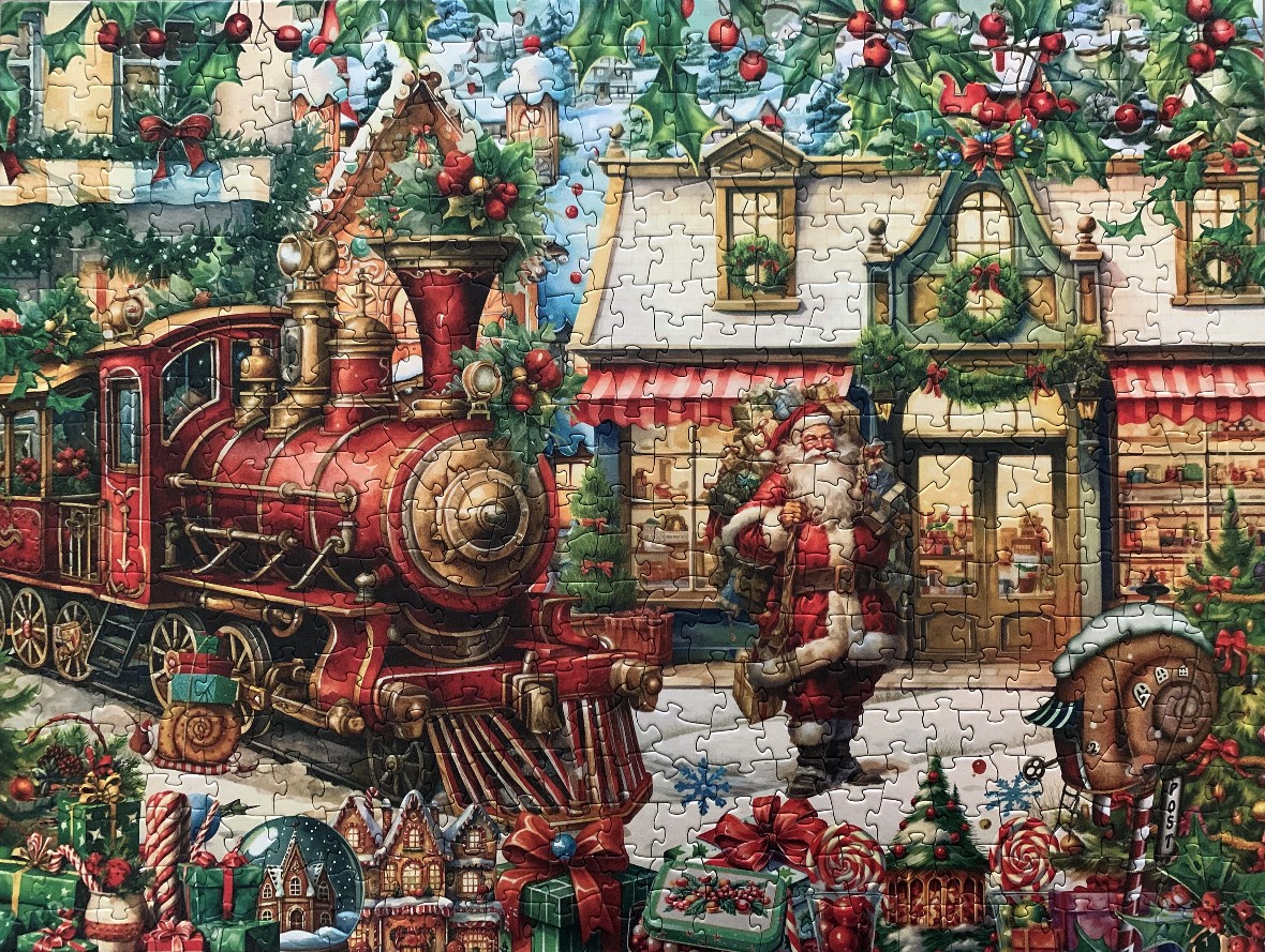 A whimsical Christmas scene featuring a red steam train, Santa Claus, and a quaint snow-covered village shop.