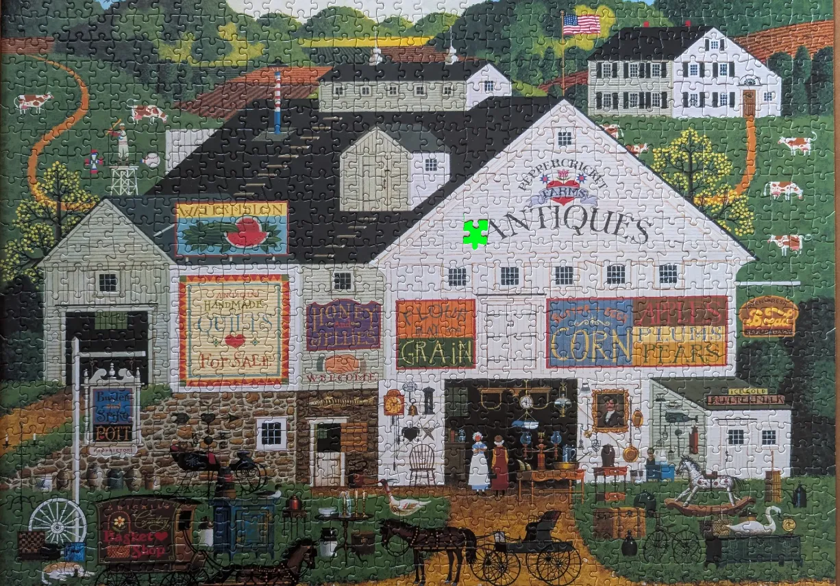 Folk art illustration of a country farm shop selling antiques and produce.