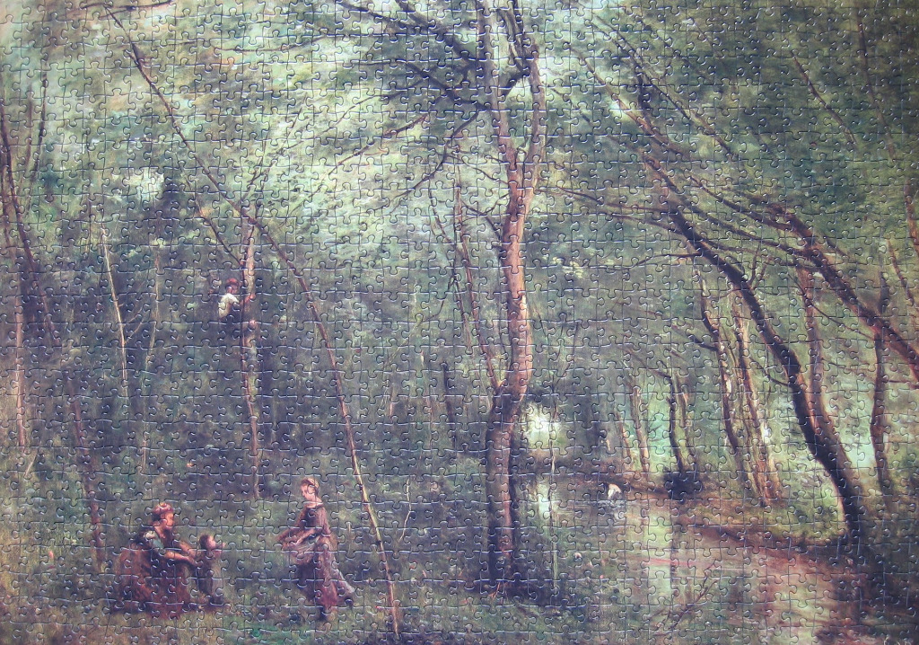 An oil painting of a woman and child in a sun-dappled forest clearing.