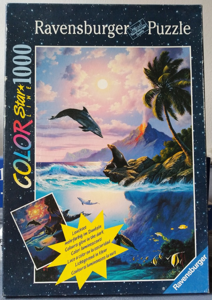 Tropical island scene with a dolphin jumping over the ocean, a sea lion on rocks, and an underwater coral reef view.