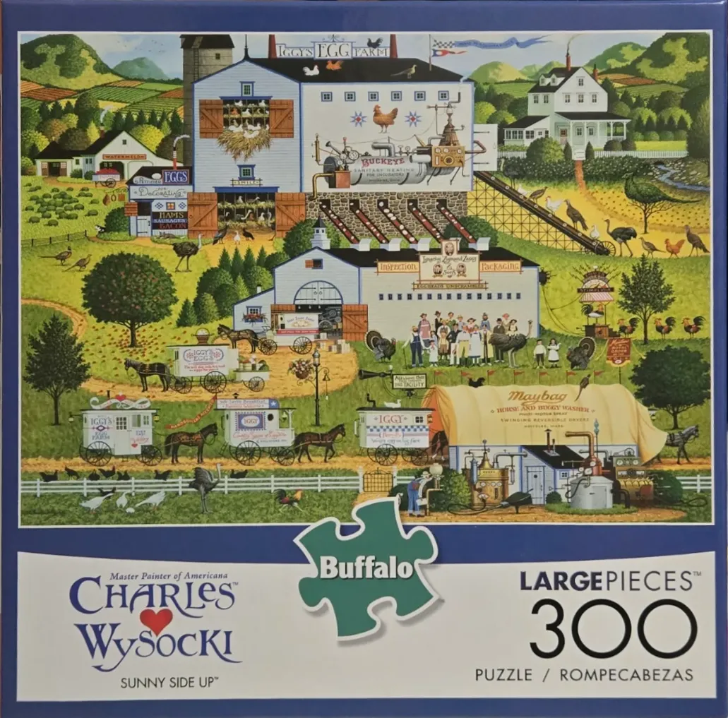A whimsical folk art illustration of a busy, idyllic egg farm with various buildings, horse-drawn carts, and poultry.