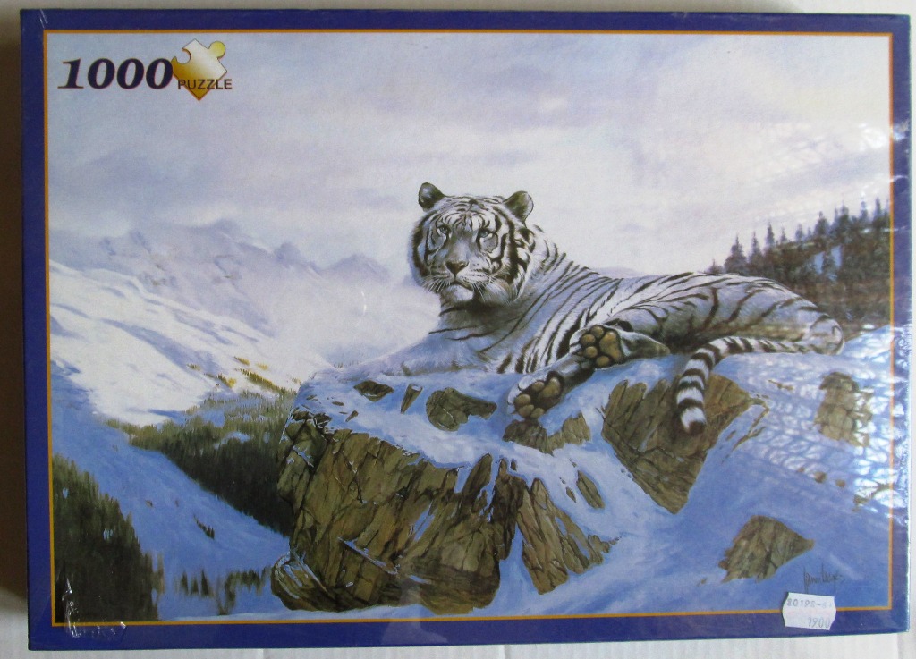 A white tiger resting on a snowy mountain ledge in a winter landscape painting.