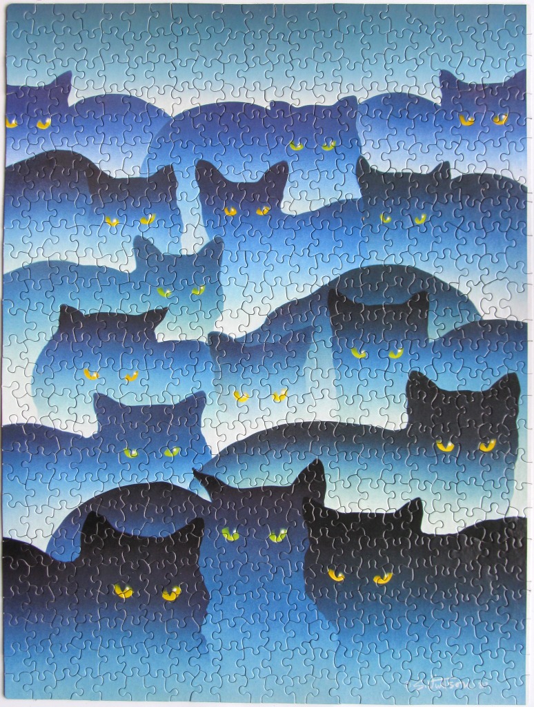 An illustration of many black cat silhouettes with glowing yellow eyes layered against a blue gradient background.