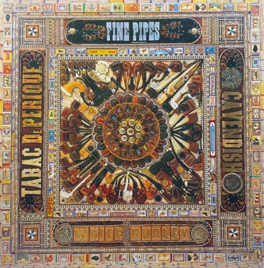 A collage of tobacco pipes, cigar labels, and vintage tobacco imagery arranged in an ornate, symmetrical frame.