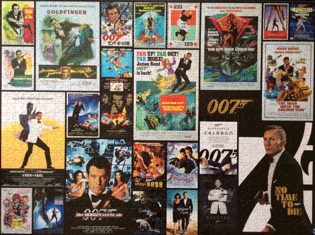 A montage of various James Bond movie posters featuring different actors and iconic action scenes.
