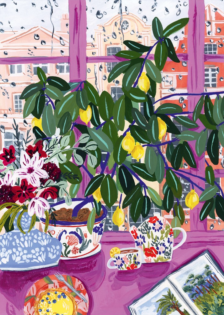 A cozy indoor scene featuring a lemon tree, a flower bouquet, tea service, and a pastry, viewed through a rainy window.