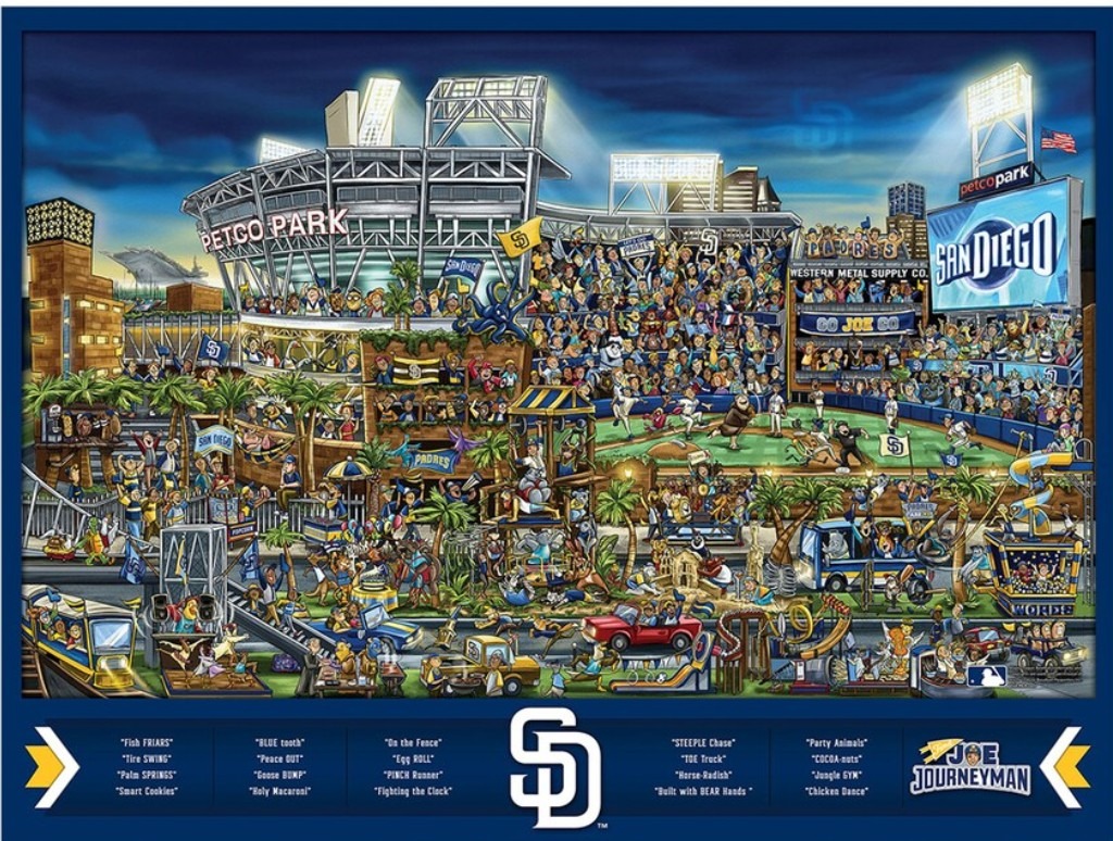 Cartoon illustration of a crowded baseball stadium at night with many humorous visual puns and characters.