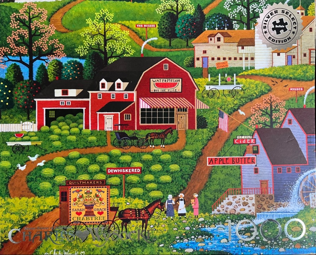 Folk art painting of a rural landscape featuring a red watermelon barn, a water mill, and horse-drawn carriages.