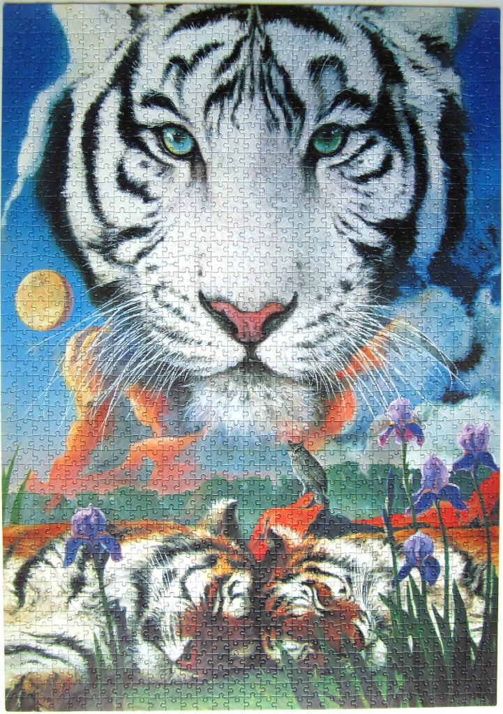 Artistic portrait of a white tiger whose fur merges into a landscape with irises and a moonlit sky.