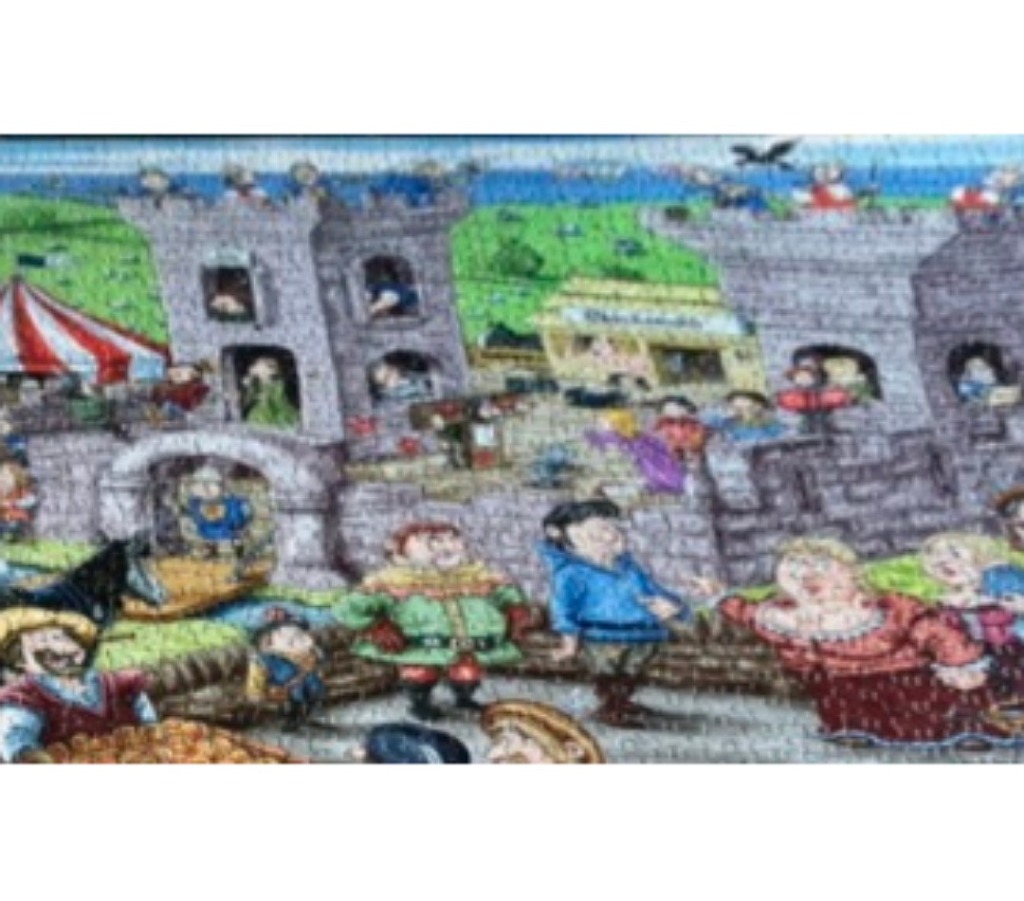 Whimsical medieval village scene with castle, market, and colorful characters.