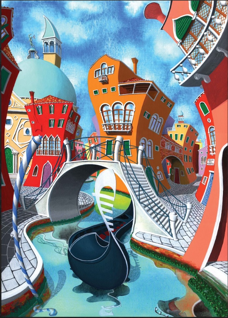 Whimsical, distorted depiction of a Venetian canal with colorful buildings and a gondola under a bridge.