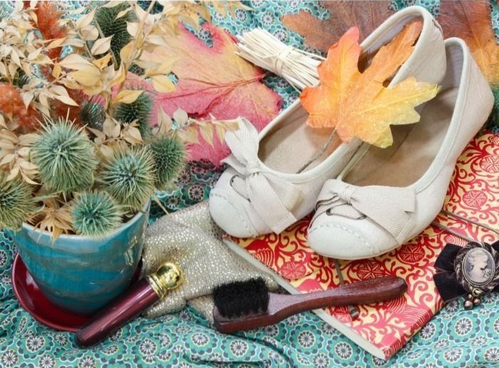 A still life arrangement featuring white ballet flats, a teal pot with spiky plants, autumn leaves, and vintage trinkets.