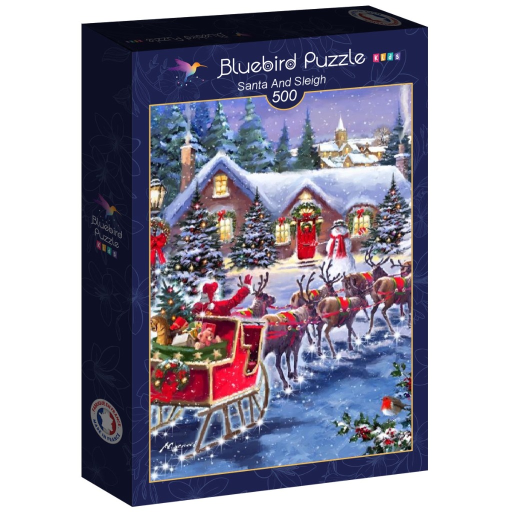 A festive Christmas scene featuring Santa Claus waving from his sleigh pulled by reindeer in front of a snow-covered cottage.