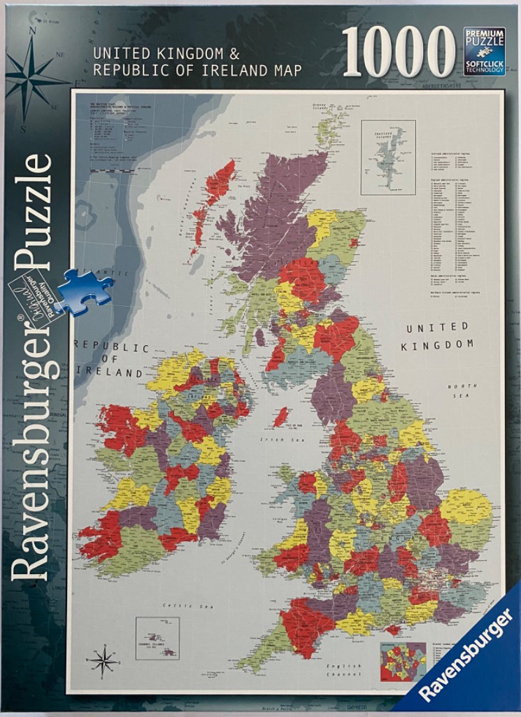 An administrative and physical map of the United Kingdom and Republic of Ireland with multicolored regions.