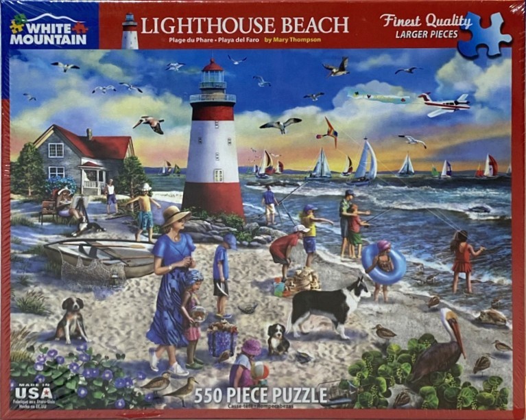 A sunny beach scene with a lighthouse, sailboats, and a bustling group of people and pets.
