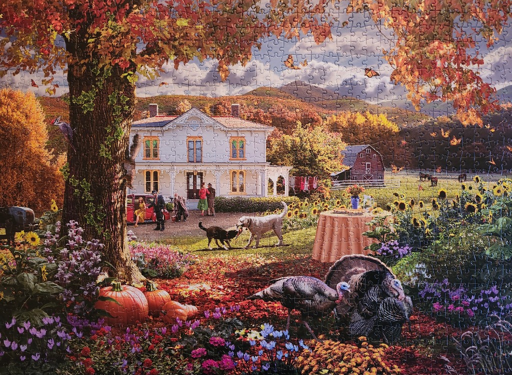 A peaceful autumn scene featuring a victorian house, turkeys, dogs, and a garden with fall foliage.