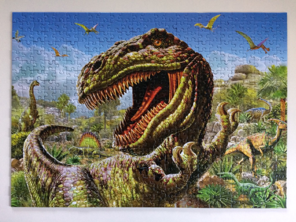 A close-up illustration of a Tyrannosaurus Rex roaring in a prehistoric jungle setting.