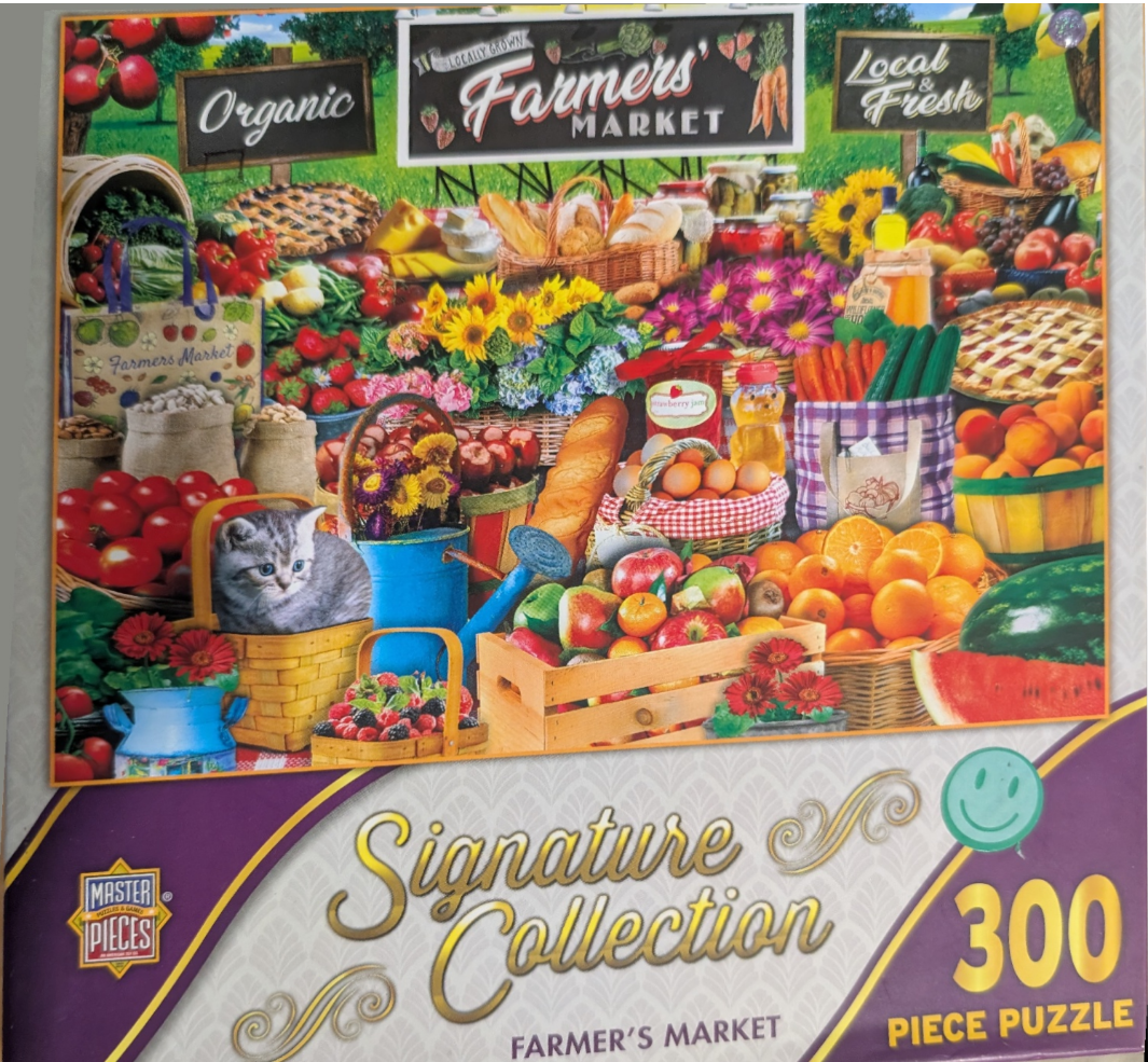 An illustration of a vibrant farmers market stall filled with fresh produce, baked goods, and flowers.
