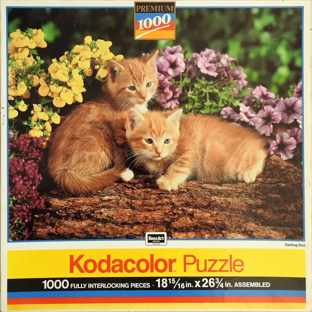 Two ginger kittens sitting together on a dark log surrounded by yellow and purple flowers.