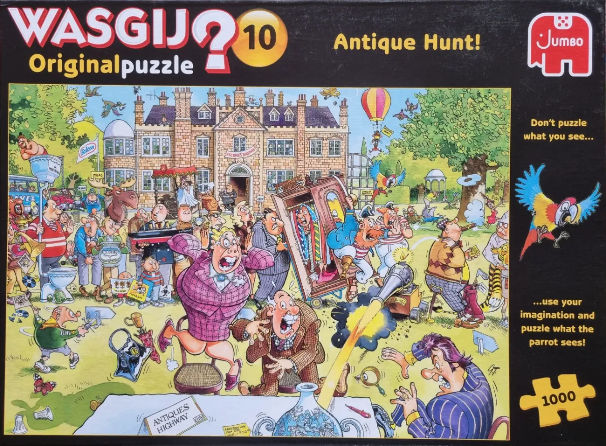 Cartoon illustration of a chaotic antiques roadshow event at a grand country estate.