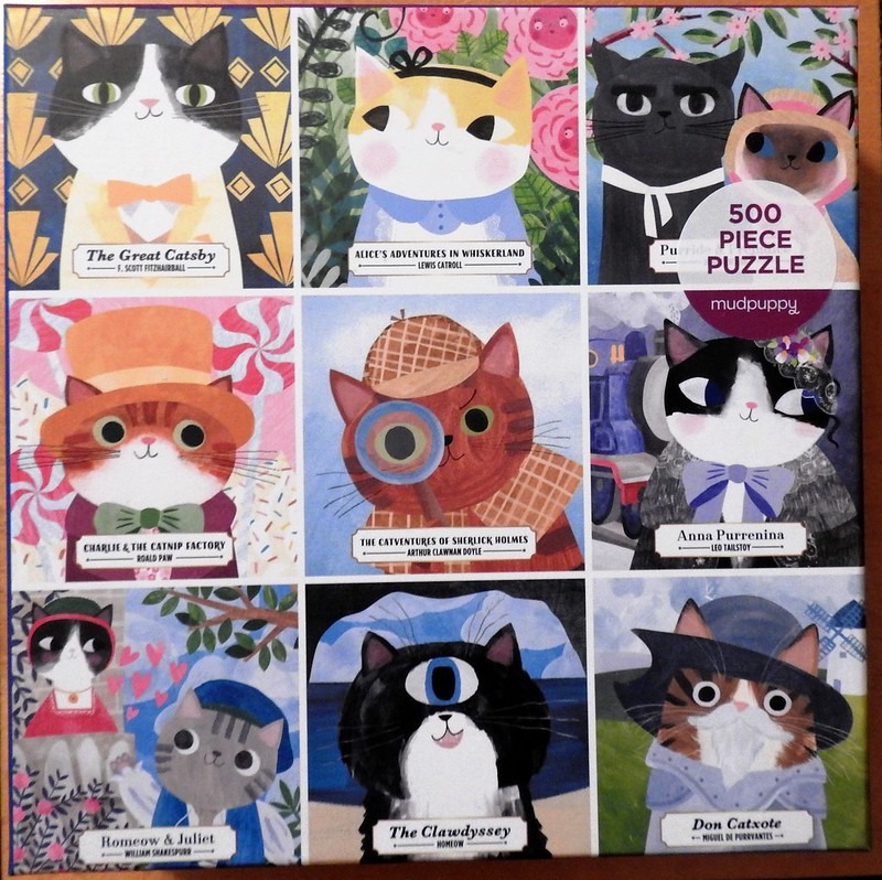 Grid of nine illustrations of cats dressed as famous literary characters with puns on the book titles.