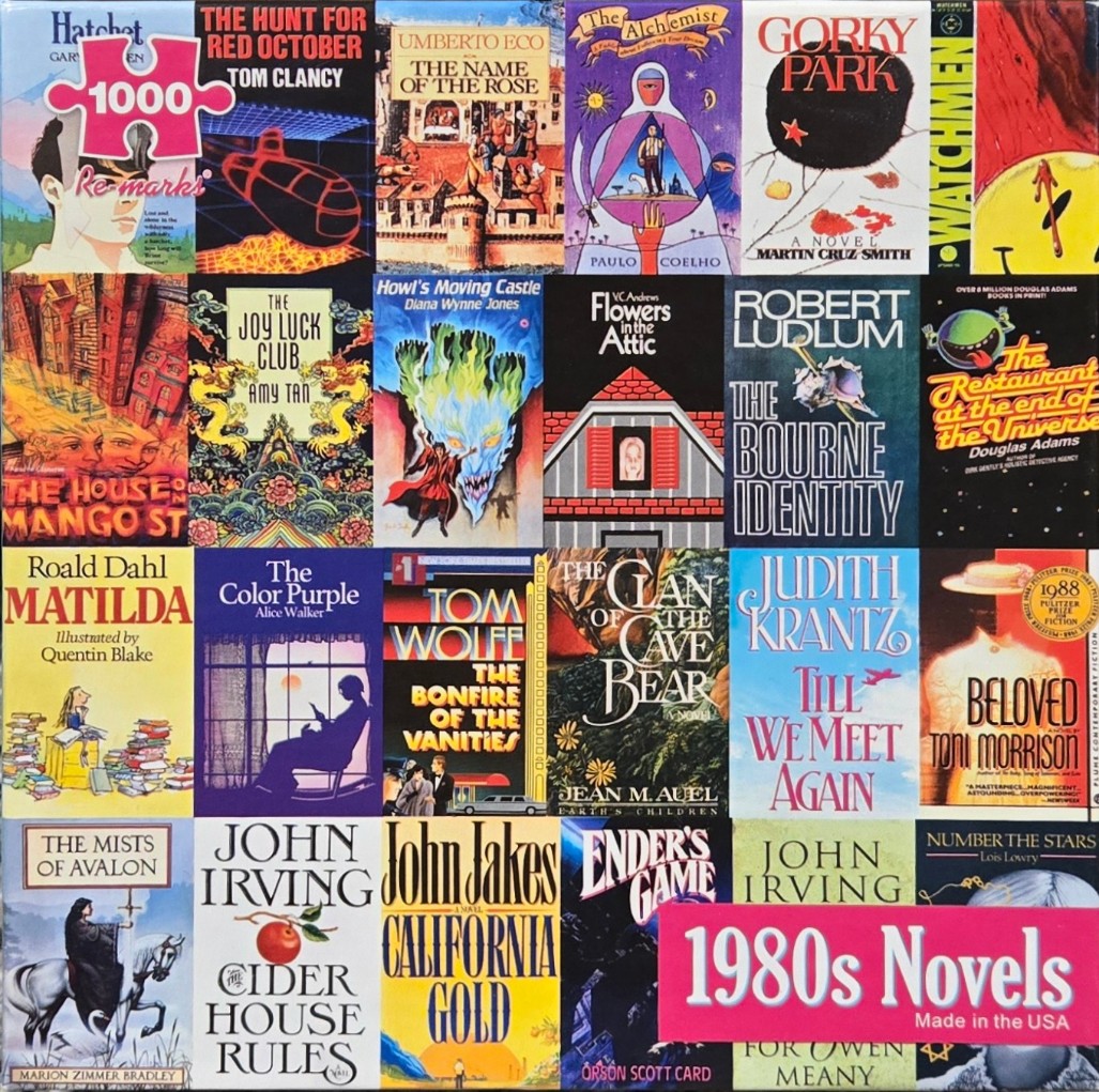 A collage of 1980s novel book covers arranged in a grid.