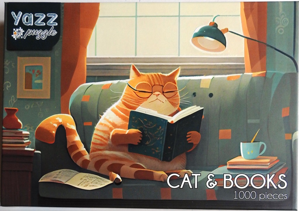 A cartoon illustration of an orange tabby cat wearing glasses and reading a book on a sofa.