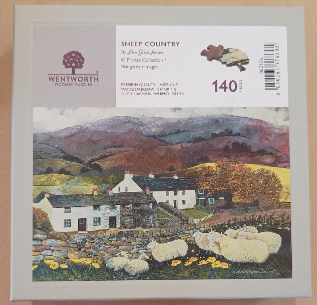 A painting of a white stone cottage with a herd of sheep in the foreground and rolling hills in the background.