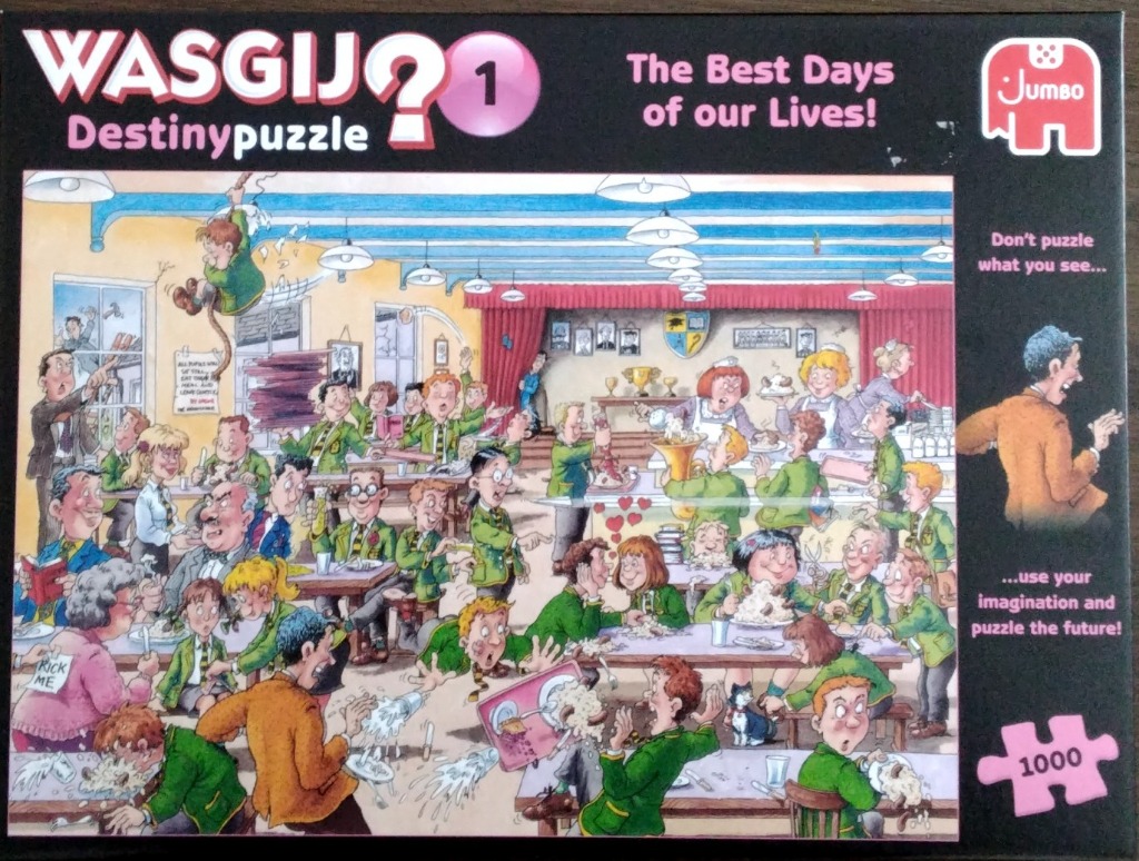A chaotic cartoon scene inside a crowded school cafeteria filled with mischievous children in green blazers.