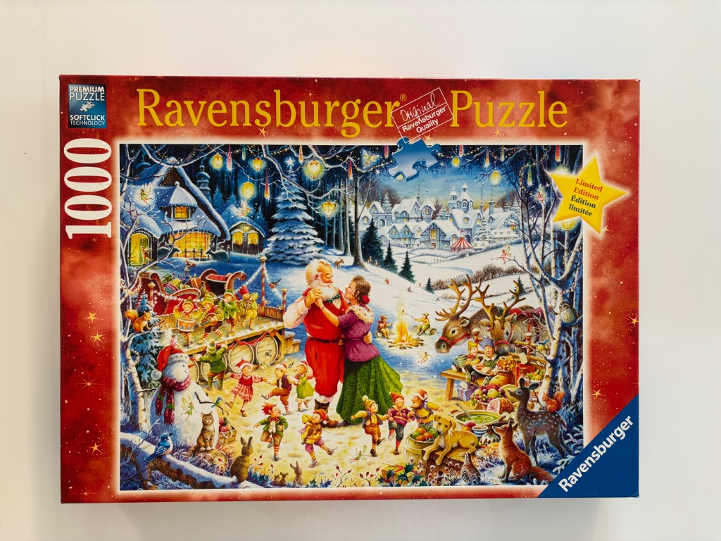 An illustration of Santa Claus and Mrs. Claus dancing in a snowy village square filled with elves and animals.