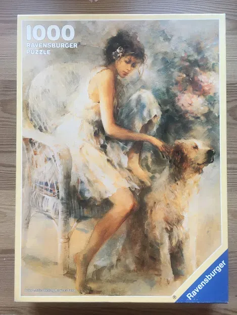 A woman in a white dress sits in a wicker chair petting a golden retriever in this impressionistic oil painting.