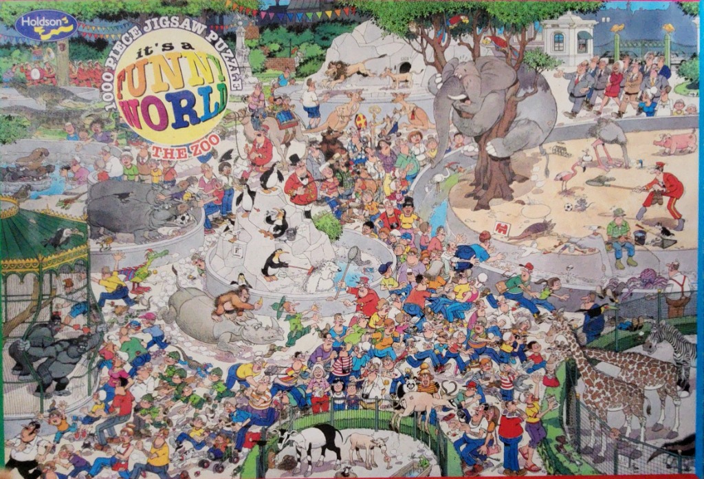 Cartoon illustration of a chaotic zoo scene with many animals and visitors