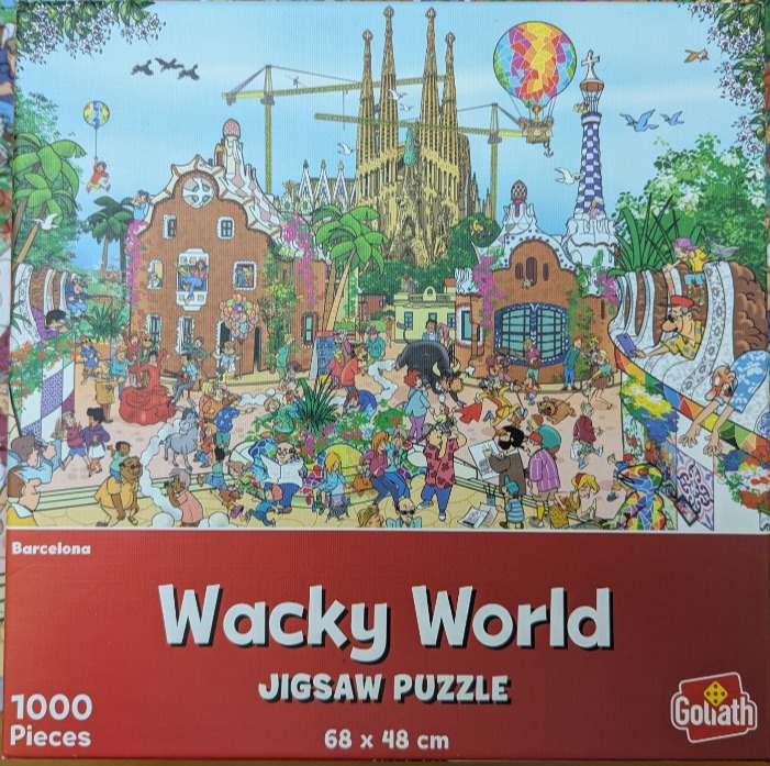 Cartoon illustration of a bustling, whimsical scene in Barcelona featuring the Sagrada Familia.