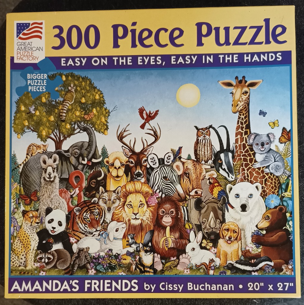 Illustration of a dense gathering of various wild and domestic animals against a blue sky.
