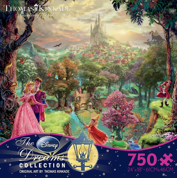 A fairytale scene featuring Sleeping Beauty and Prince Phillip in a vibrant, sunlit forest landscape.