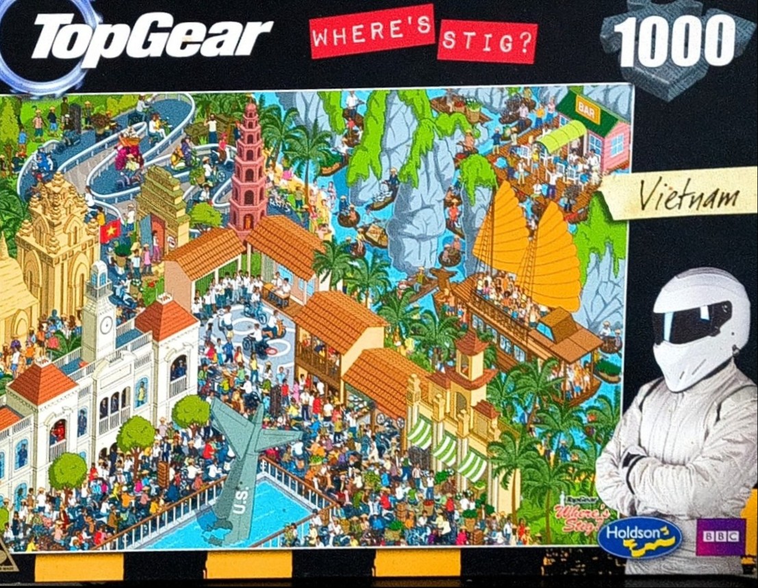 A cartoon illustration of a busy scene in Vietnam featuring a race track, temples, and a character in a white racing suit.