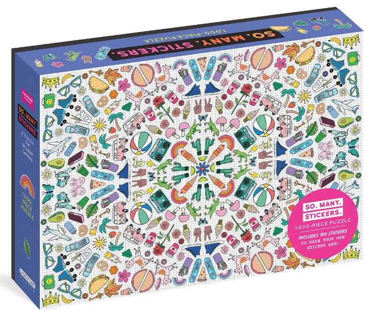 A whimsical collage of colorful pop-culture stickers arranged in a radial mandala pattern on a grid background.