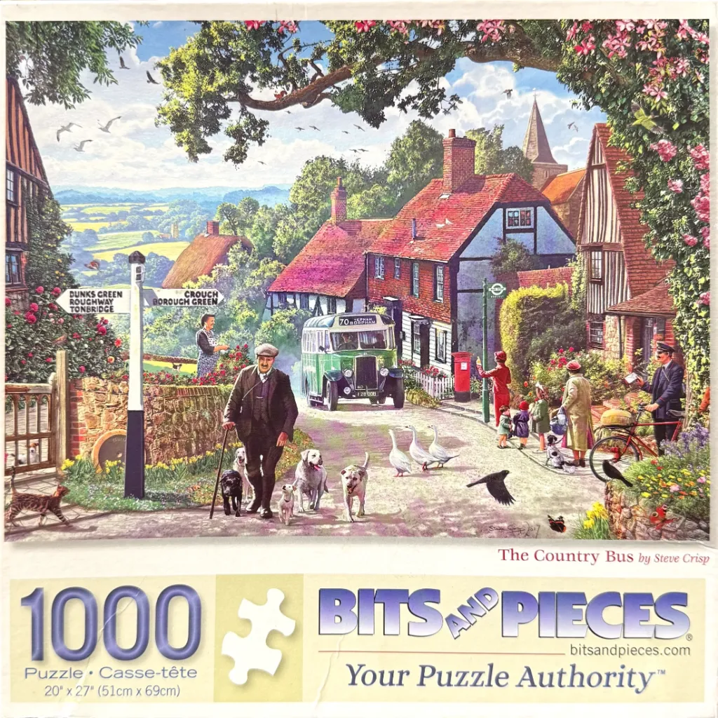 A nostalgic painting of an English village scene featuring a vintage green bus, people, and pets on a country lane.